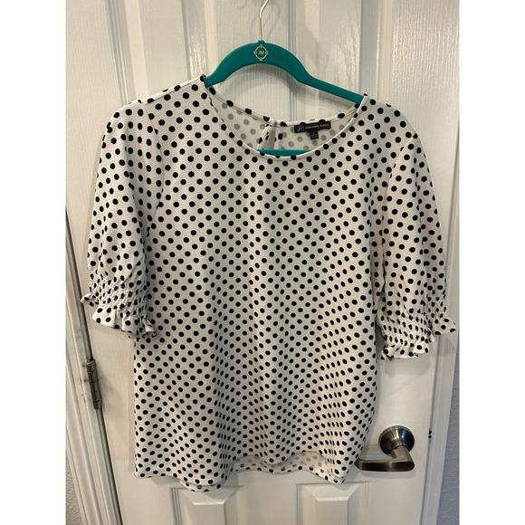 Adrianna Papell Tops - Adrianna Papell Blouse White‎ Black Polka Dot Smocked Cuff Ruffle Top